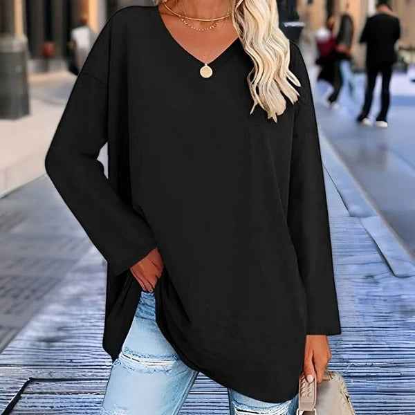 Women's Oversized Cotton V-Neck Shirt - Long Sleeve Casual Top Black