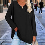 Women's Oversized Cotton V-Neck Shirt - Long Sleeve Casual Top Black