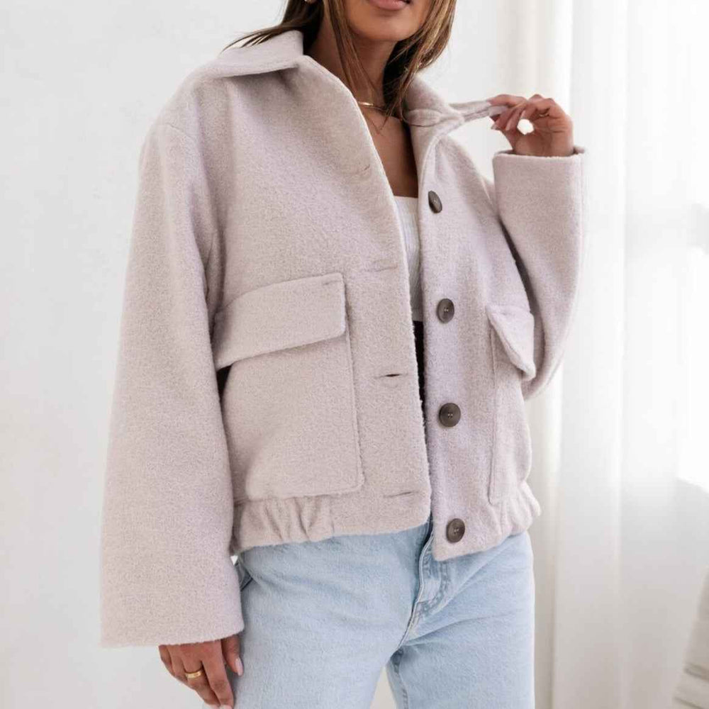 Women's Oversized Wool Blazer with Single Button and Elastic Waistband Apricot