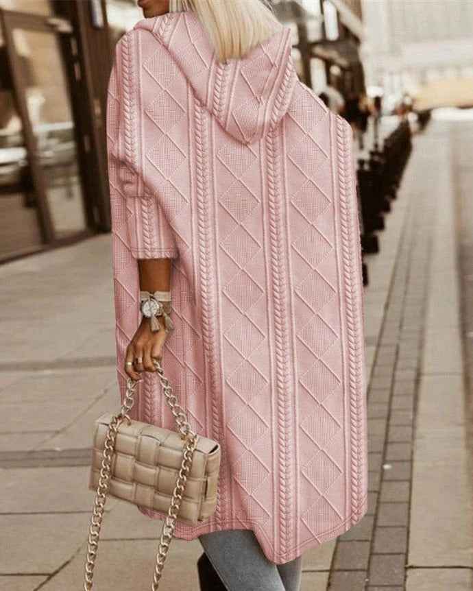 Women's Oversized Cable Knit Cardigan with Hood – Long Fit, Open Front Pink