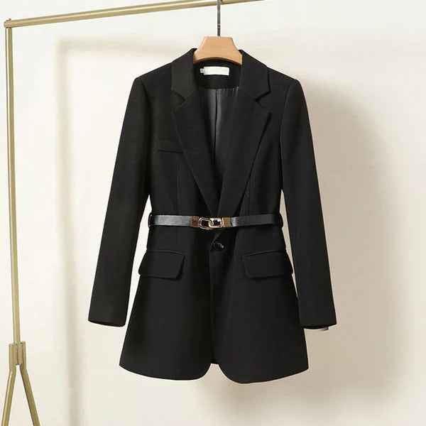Women's Tailored Blazer with Waist Belt – Single Button Closure & Classic Lapels Black