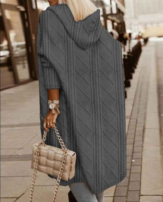 Women's Oversized Cable Knit Cardigan with Hood – Long Fit, Open Front Grey