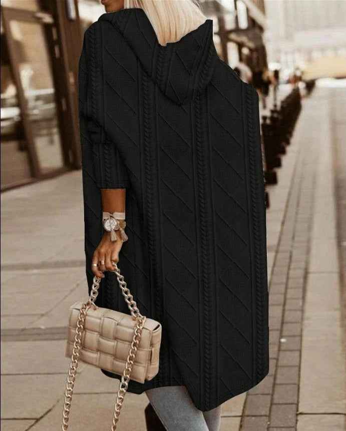 Women's Oversized Cable Knit Cardigan with Hood – Long Fit, Open Front Black