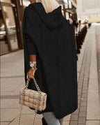 Women's Oversized Cable Knit Cardigan with Hood – Long Fit, Open Front Black