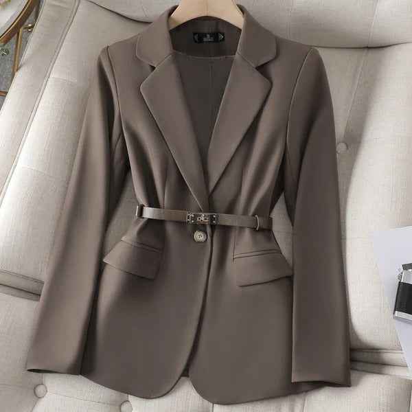 Women's Tailored Blazer with Waist Belt – Single Button Closure & Classic Lapels Coffee