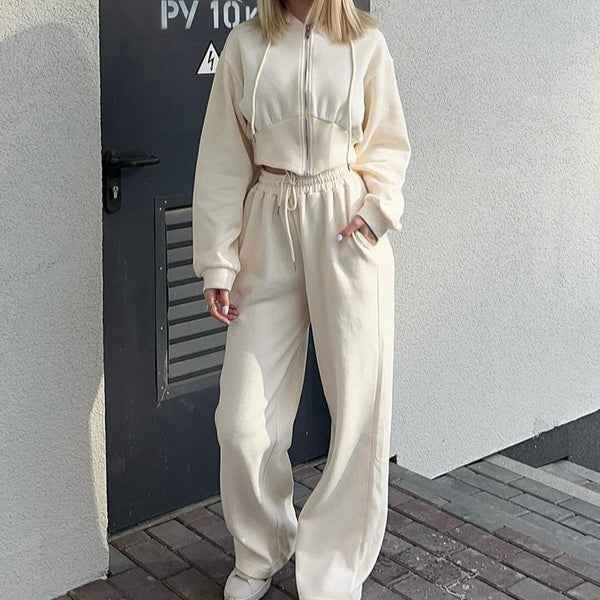 Women's Relaxed Fit Lounge Set – Zipper Hoodie & Wide Pants – Soft Cotton Blend Khaki