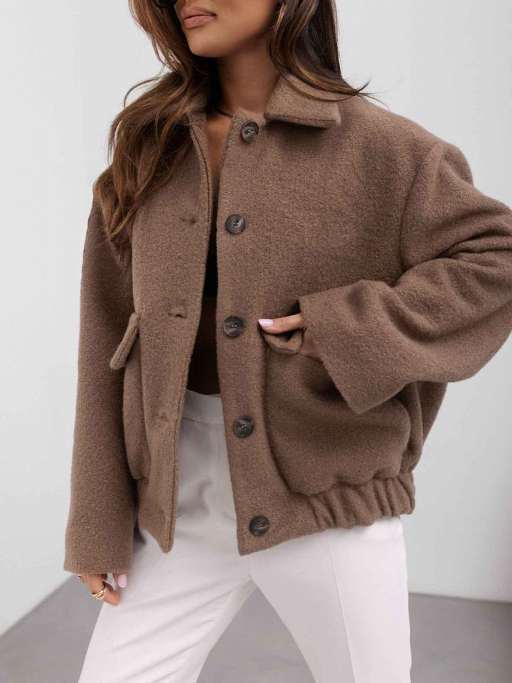 Women's Oversized Wool Blazer with Single Button and Elastic Waistband Brown