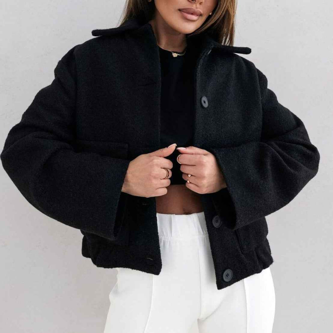Women's Oversized Wool Blazer with Single Button and Elastic Waistband Black