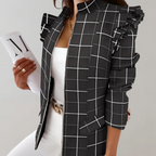 Women's Tailored Jacket – Checked Pattern with Ruffled Shoulders and Stand-up Collar Checked