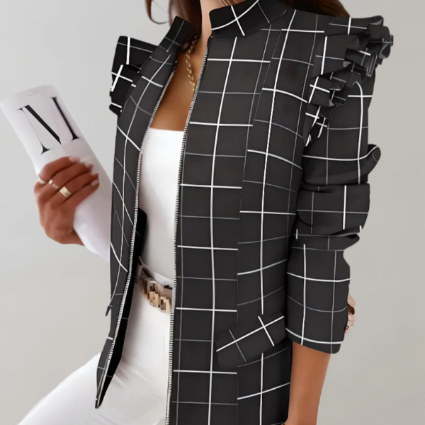Women's Tailored Jacket – Checked Pattern with Ruffled Shoulders and Stand-up Collar Checked