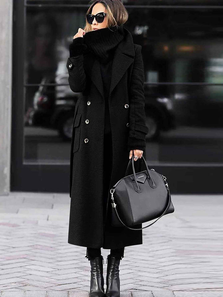Women's Fitted Wool Coat with Double Row Buttons - Full Length Black
