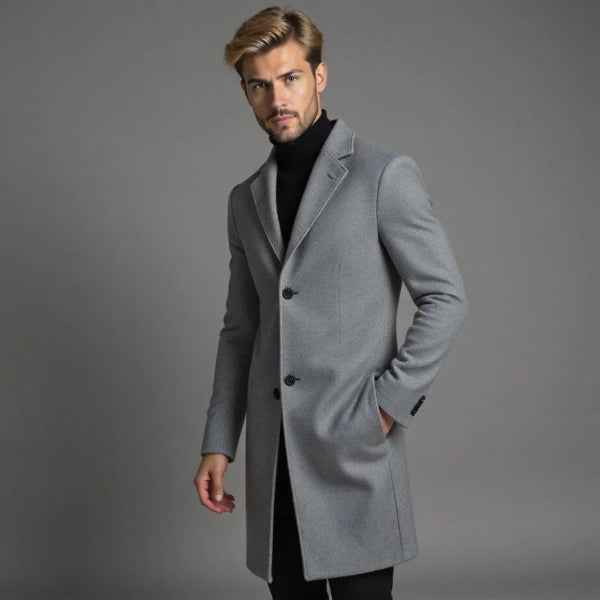 Men's Tailored Woolmix Long Coat – Single-Breasted Formal Style Grey