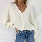 Women's Oversized Chunky Knit Cardigan with V-Neck and Button Closure White