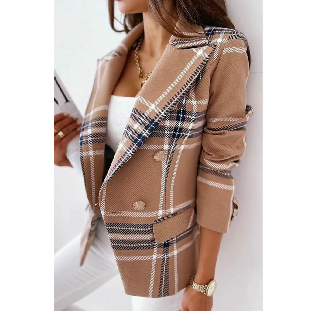Women's Tailored Blazer – Double-Button Closure – Striped Design – Notched Lapel Dark Brown