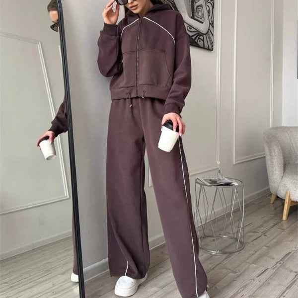 Women's Oversized Two-Piece Set – Cotton Zipper Hoodie & Wide-Leg Pants