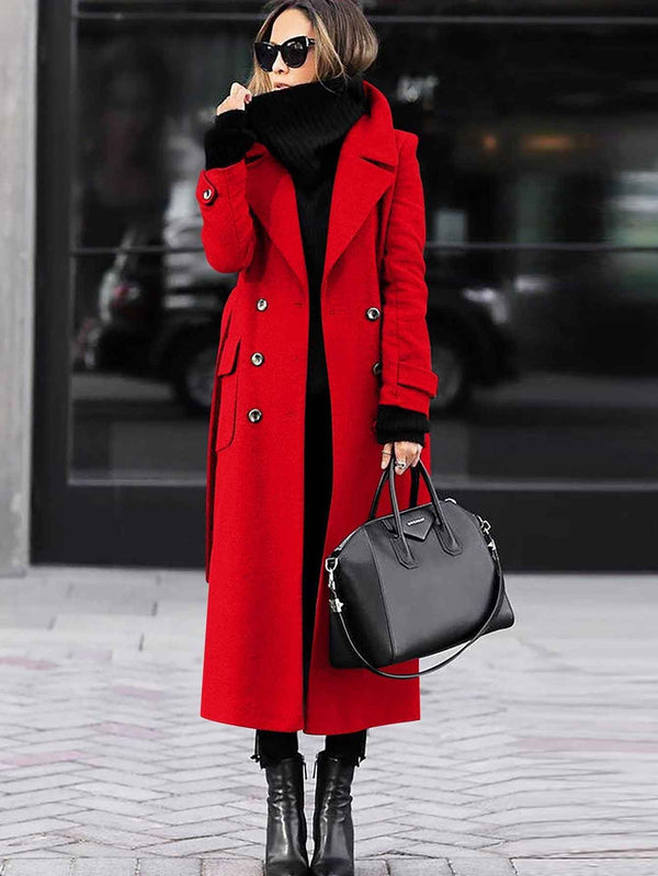 Women's Fitted Wool Coat with Double Row Buttons - Full Length Red