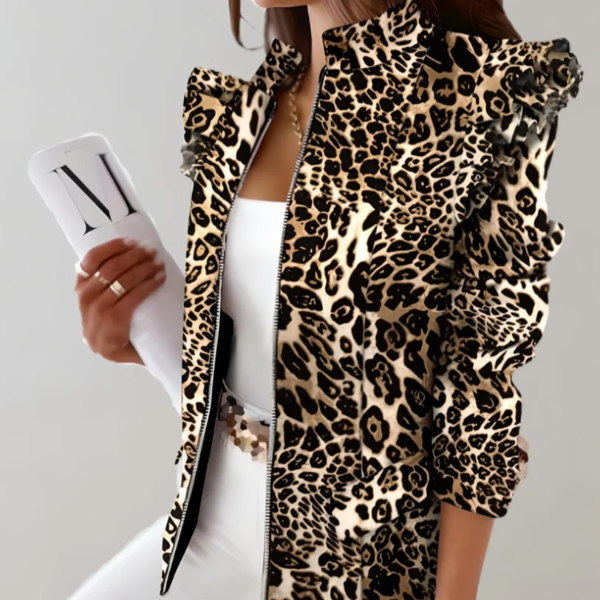 Women's Tailored Jacket – Checked Pattern with Ruffled Shoulders and Stand-up Collar Brown