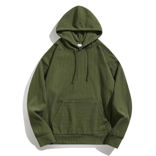 Men's Corduroy Drawstring Ribbed Cuffs Hoodie Winter Essential Green