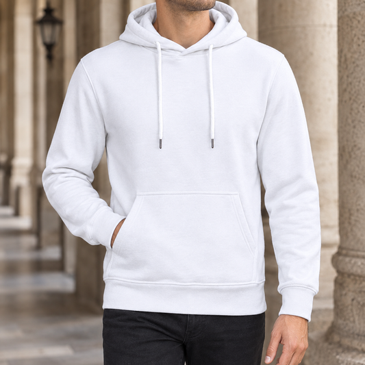 Men's Black Cotton Drawstring Kangaroo Pocket Pullover Hoodie White