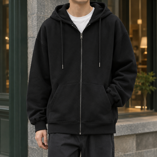 Men's Zip-up Ribbed Hoodie Winter Essential Knitwear Collection Black