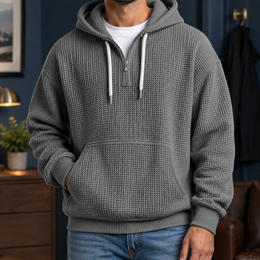 Men's Knit Quarter Zip Hood Relaxed Fit Textured Solid Black Hoodie Black