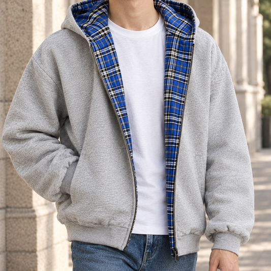 Men's Blue Reversible Plaid Full Zip Hooded Winter Jacket