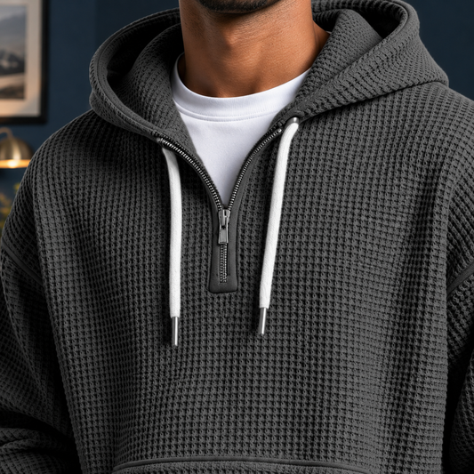 Men's Knit Quarter Zip Hood Relaxed Fit Textured Solid Black Hoodie