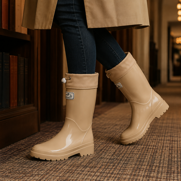 Women's Waterproof Drawstring Rain Boots Beige