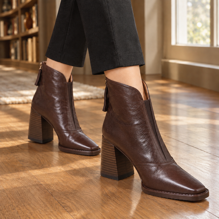 Women's Square Toe Ankle Boots Dark Brown