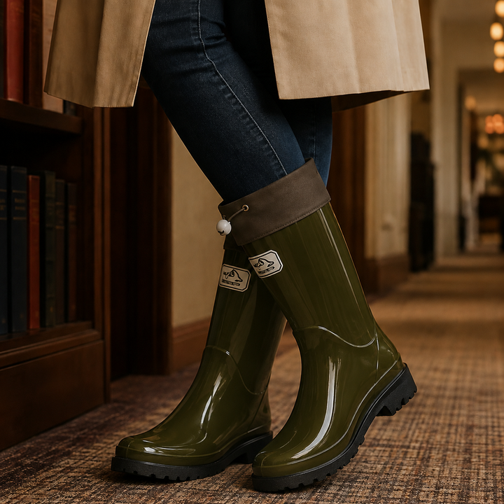 Women's Waterproof Drawstring Rain Boots Olive Green