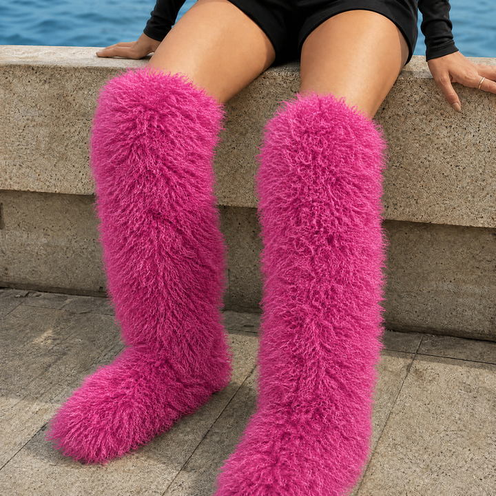 Women's Shaggy Ankle Boots Rose Red