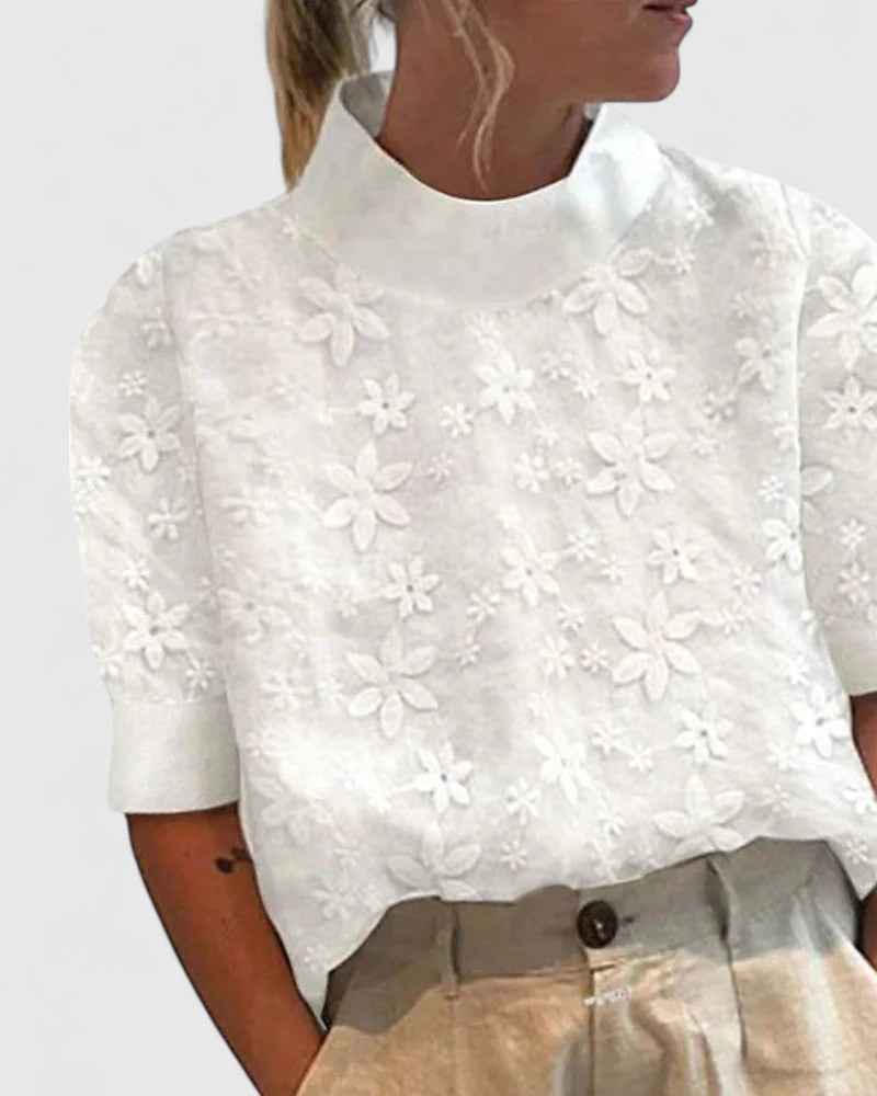 Women's Embroidered Stand-Collar Blouse White