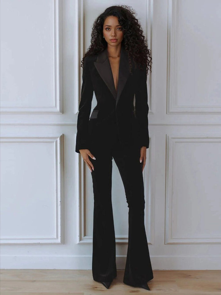 Women's Velvet Blazer and Wide Leg Pants Set Black Top