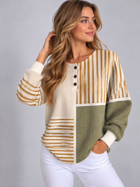 Women's Ribbed Knit Crew Neck Textured Relaxed Fit Buttons Sweater