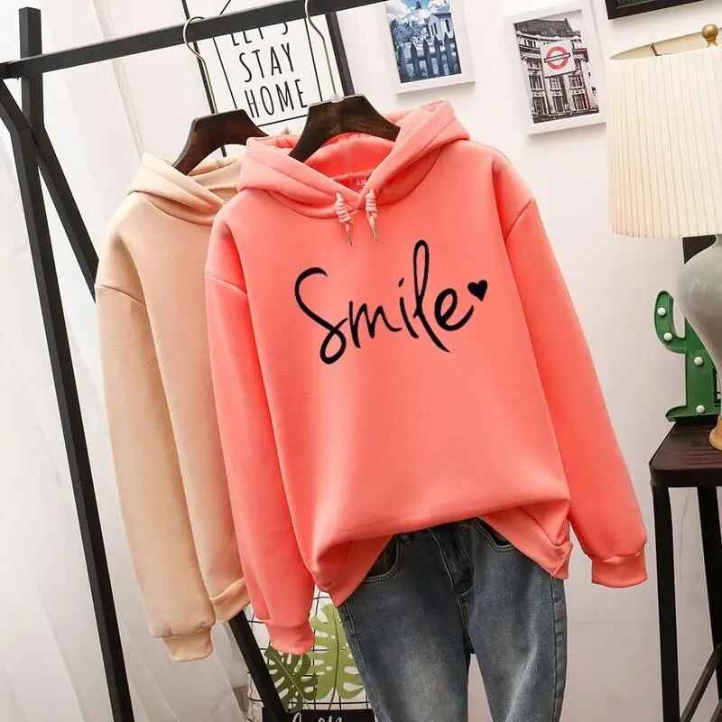 Women's Relaxed Fit Hoodie with Smile Graphic - Long Sleeve Casual Streetwear Red-Orange