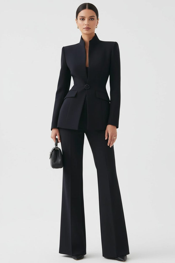 Women's Double-Breasted Blazer and Wide Leg Pants Set Black