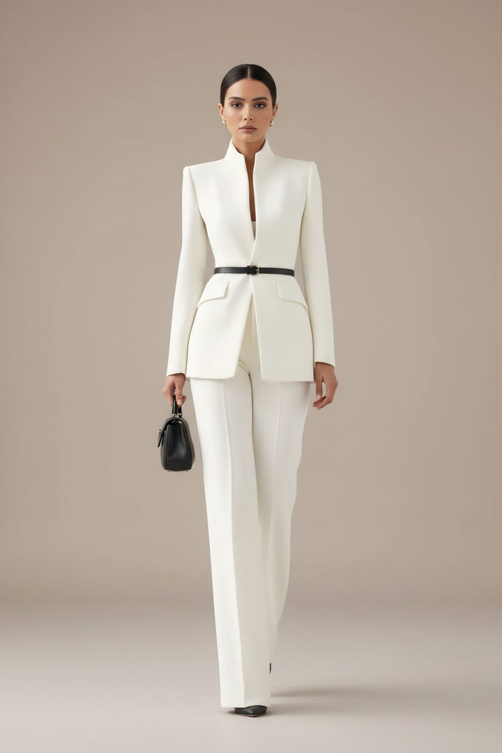 Women's Double-Breasted Blazer and Wide Leg Pants Set White