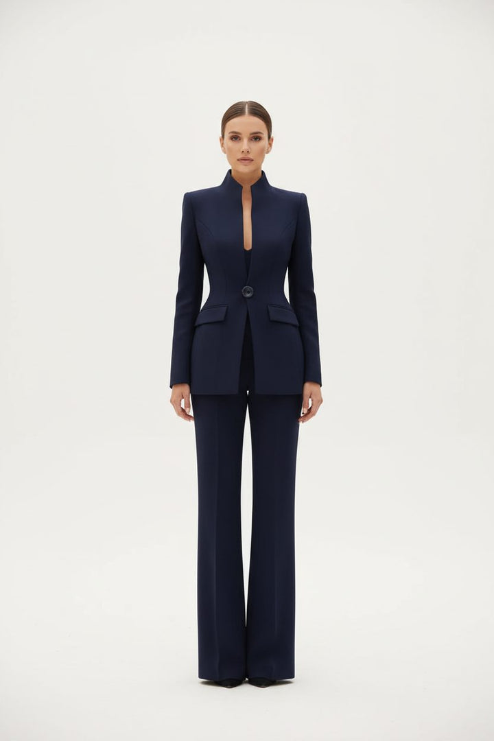 Women's Double-Breasted Blazer and Wide Leg Pants Set Navy Blue