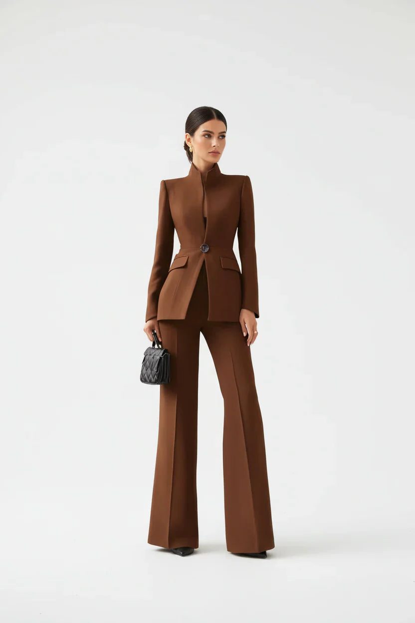 Women's Double-Breasted Blazer and Wide Leg Pants Set Brown