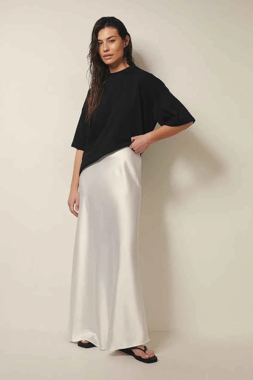 Women's A-Line Satin Maxi Skirt – Elegant Long Design with Shiny Finish White