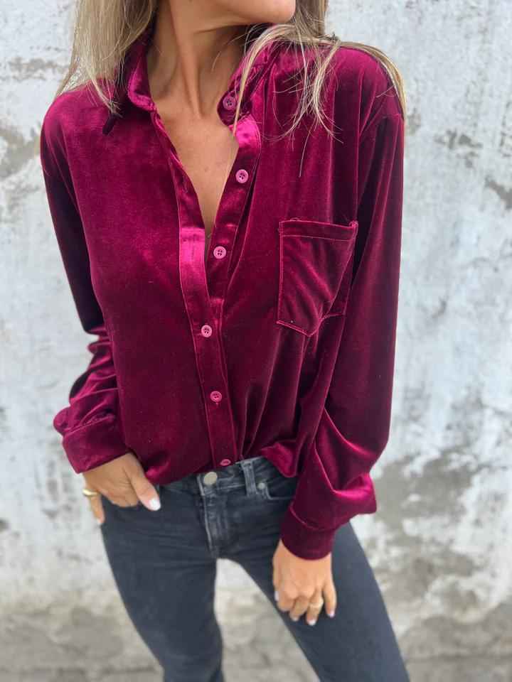 Women's Velvet Button-Up Blouse Pink Red