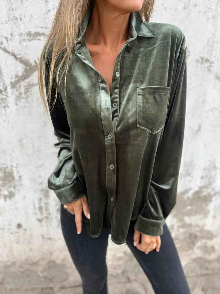 Women's Velvet Button-Up Blouse Green