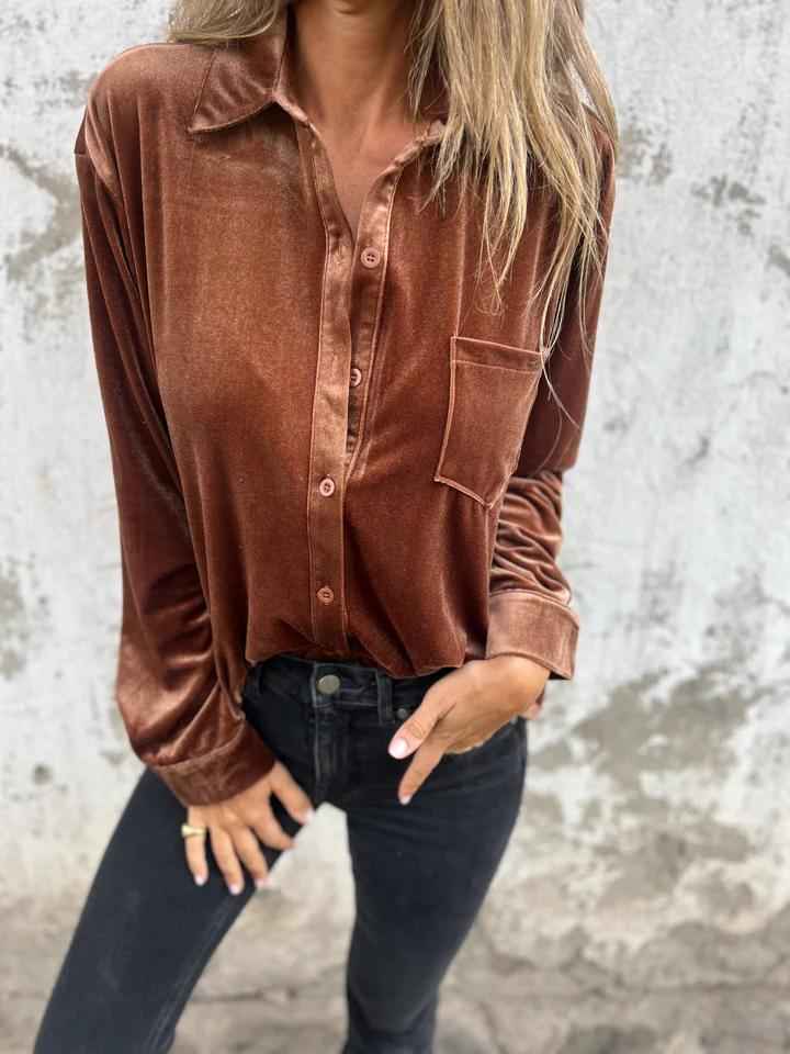 Women's Velvet Button-Up Blouse Brown