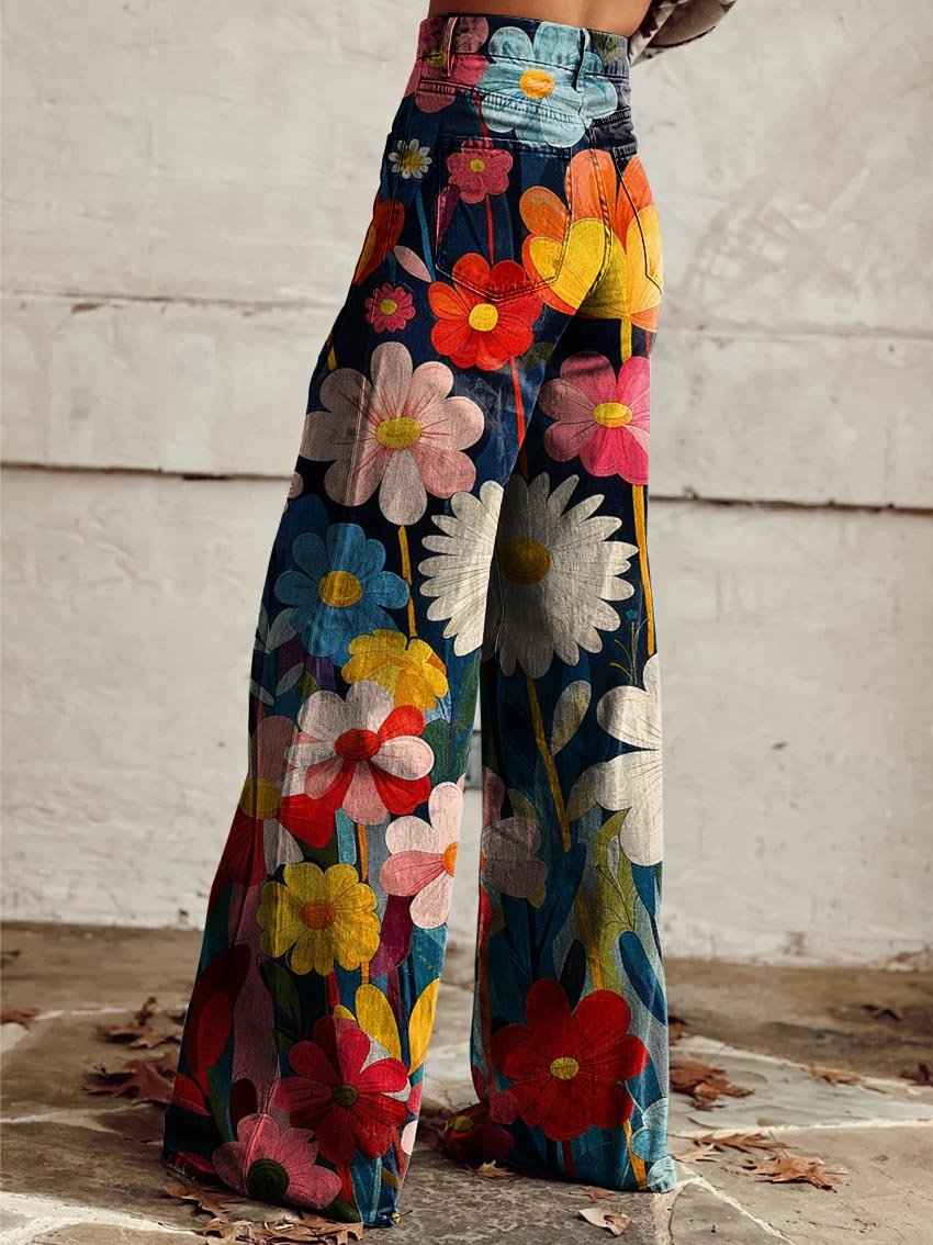 Women's Floral Print High Waist Wide Leg Jeans - Comfortable Fit Multi-color