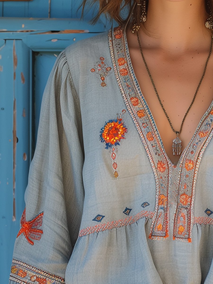 Women's Bohemian Embroidered V-Neck Blouse