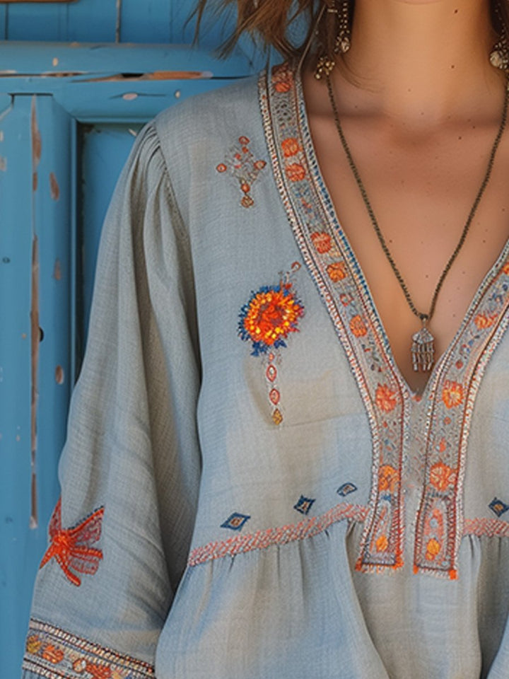 Women's Bohemian Embroidered V-Neck Blouse