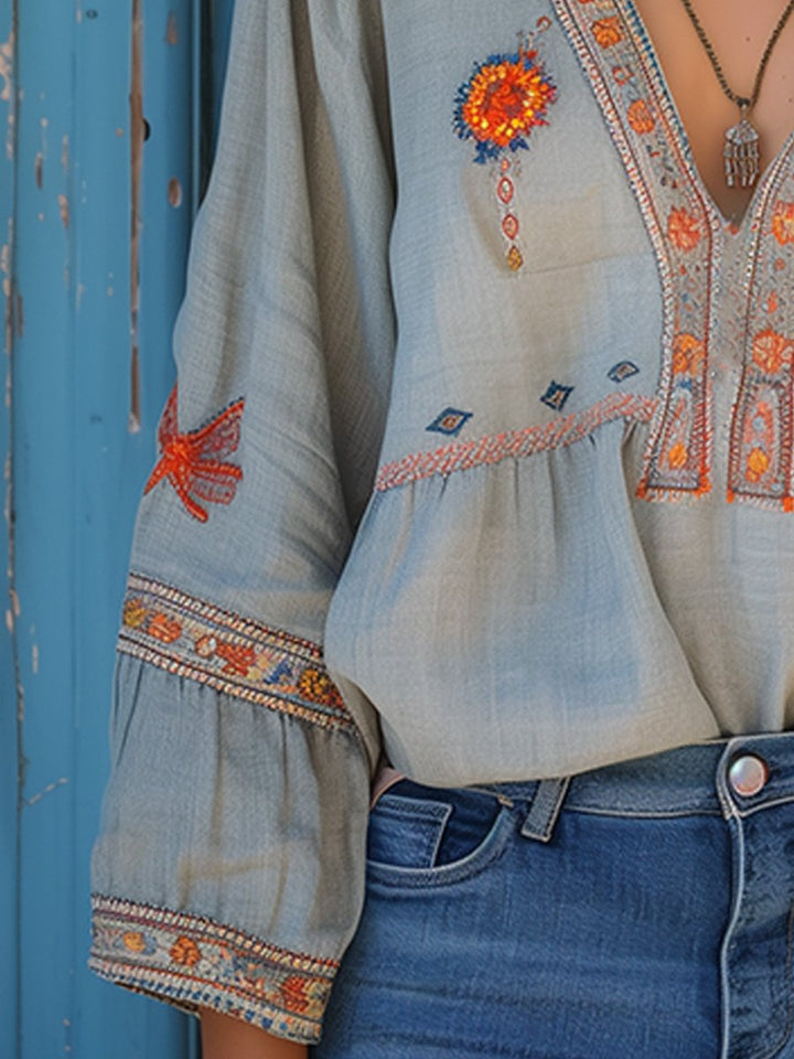 Women's Bohemian Embroidered V-Neck Blouse