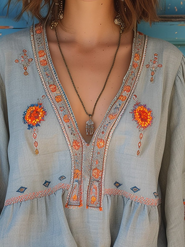 Women's Bohemian Embroidered V-Neck Blouse