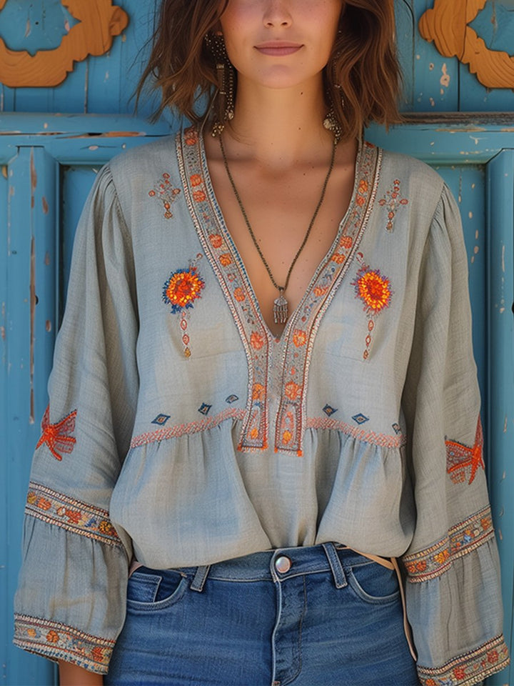 Women's Bohemian Embroidered V-Neck Blouse Light Blue