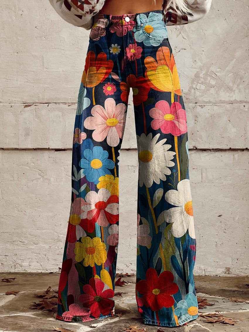 Women's Floral Print High Waist Wide Leg Jeans - Comfortable Fit